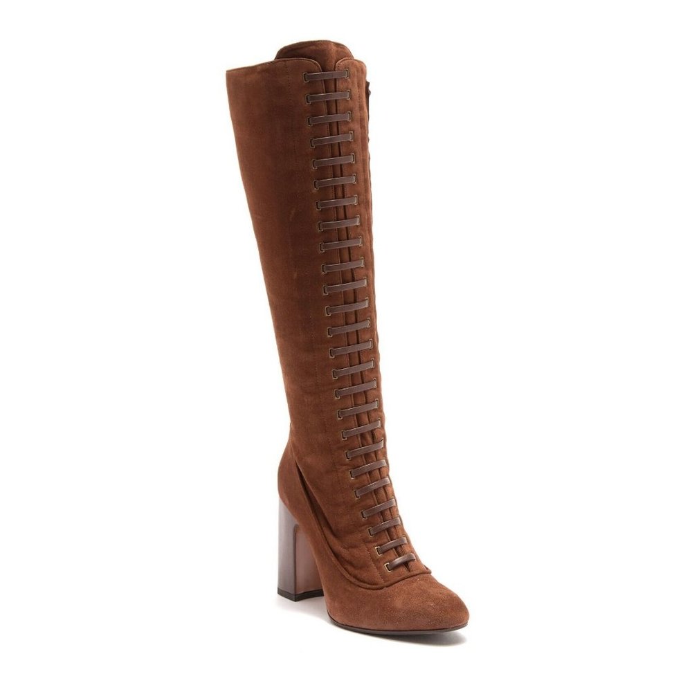 $950 AQUATALIA Elenora Strap To-The-Knee Boot CASTAGNO BROWN 10 (M27) NICE!!